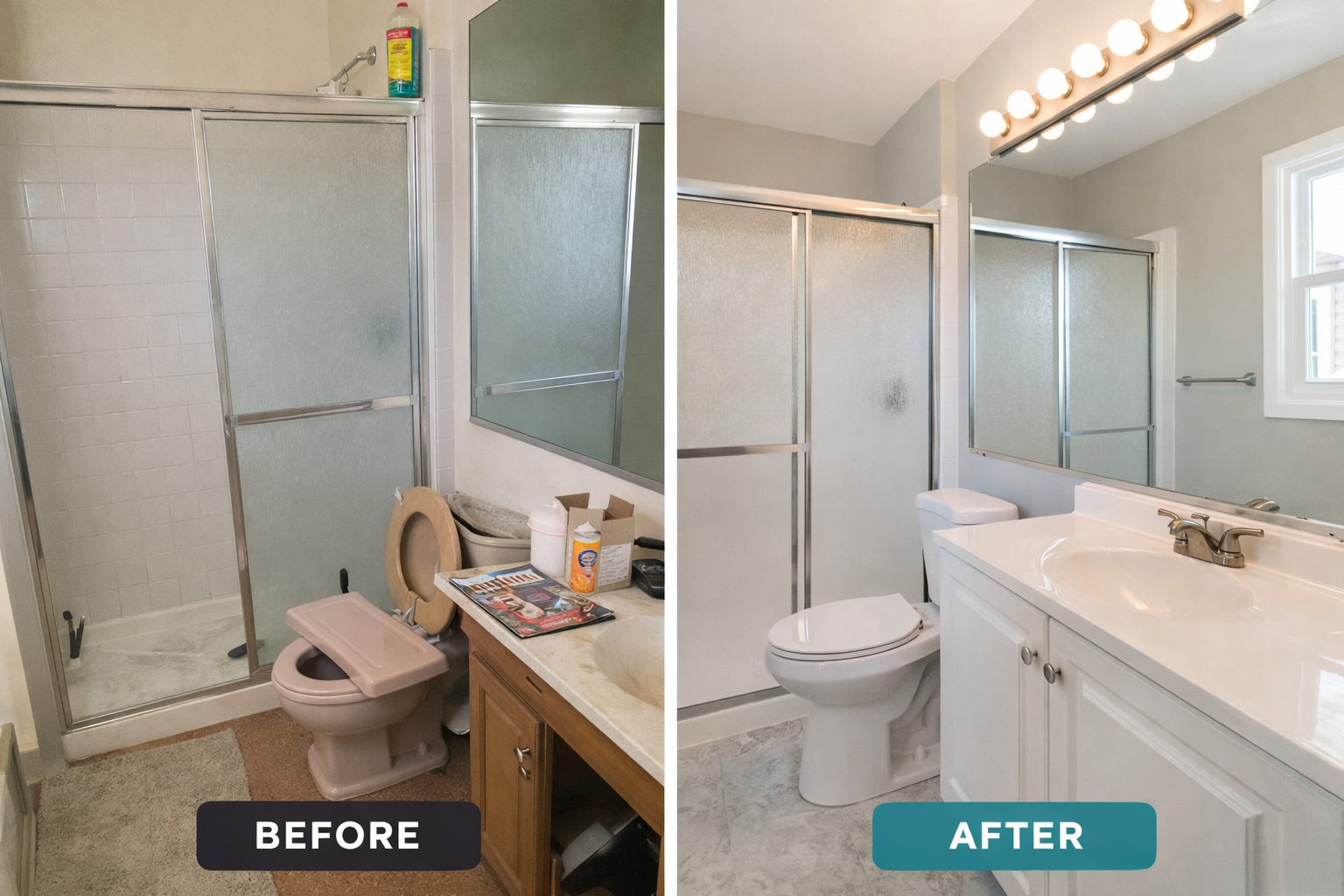 Bathroom Refresh Before and After — Fresh Paint, Updated Fixtures, New Lighting, Clean Finish by Rent-A-Pal Handyman Services